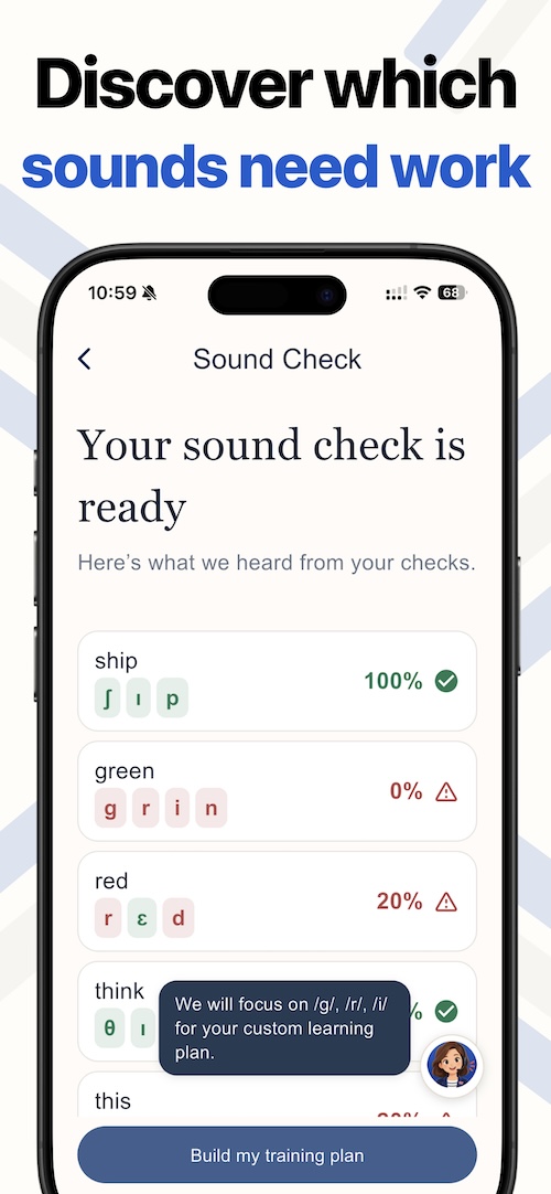 Sound check results showing words and phonemes