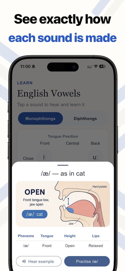 Detailed English vowel lesson with mouth diagram