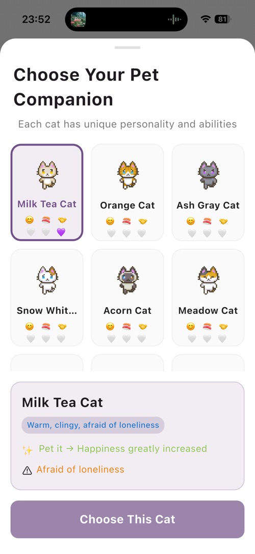 Pet Selection Screen