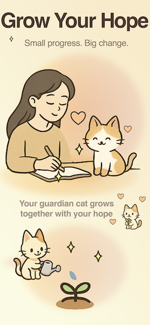 Hope Tree journaling app interface showing tree growth and pet companion