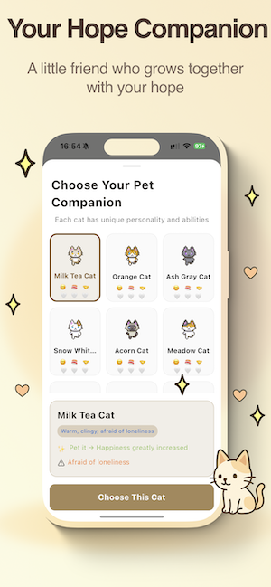 Hope Tree pet companion selection screen showing cat and animal choices for emotional support