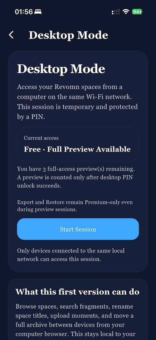 Desktop Mode screen in Revomn