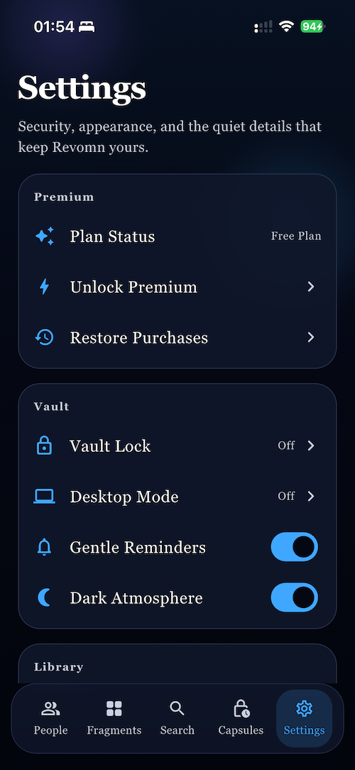 Settings tab in Revomn